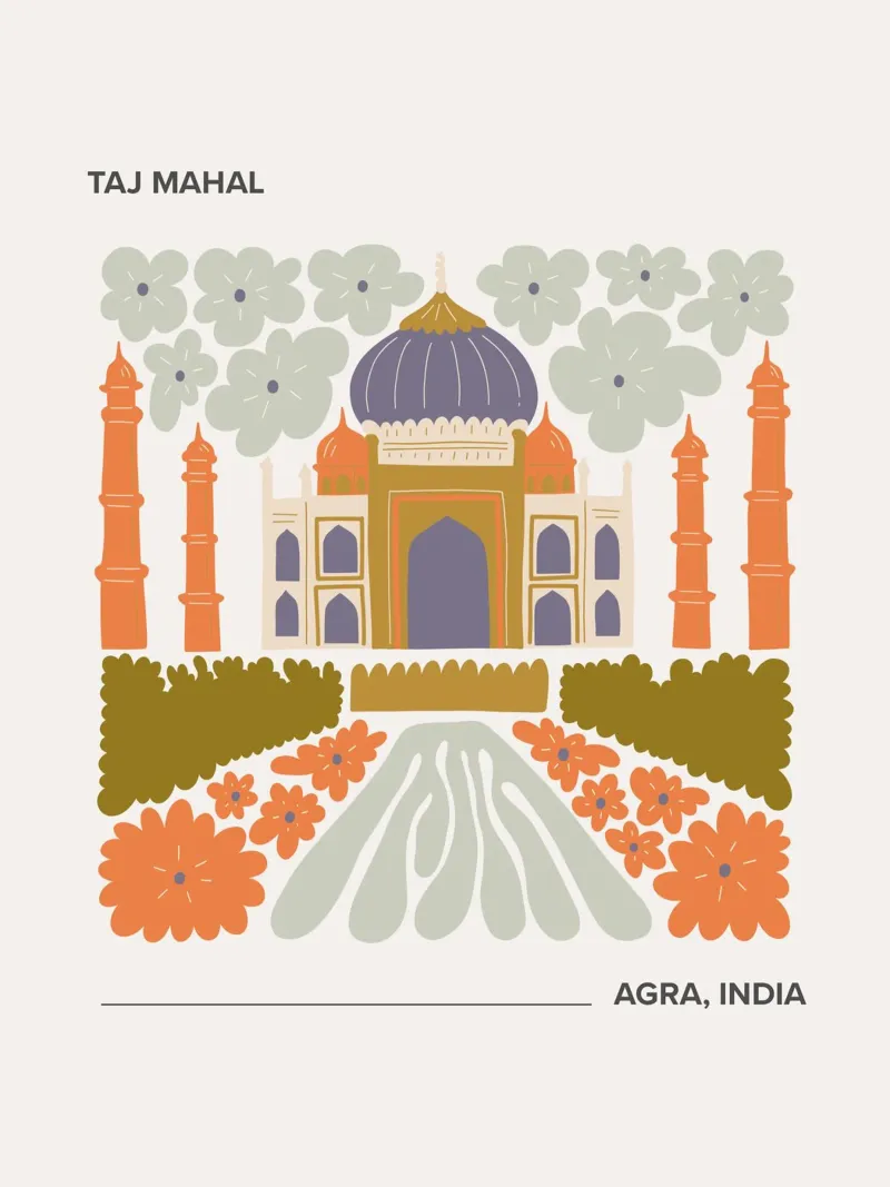 Taj Mahal, Agra, India, Warm Colours Travel poster with wooden frame by Peaches Art Prints