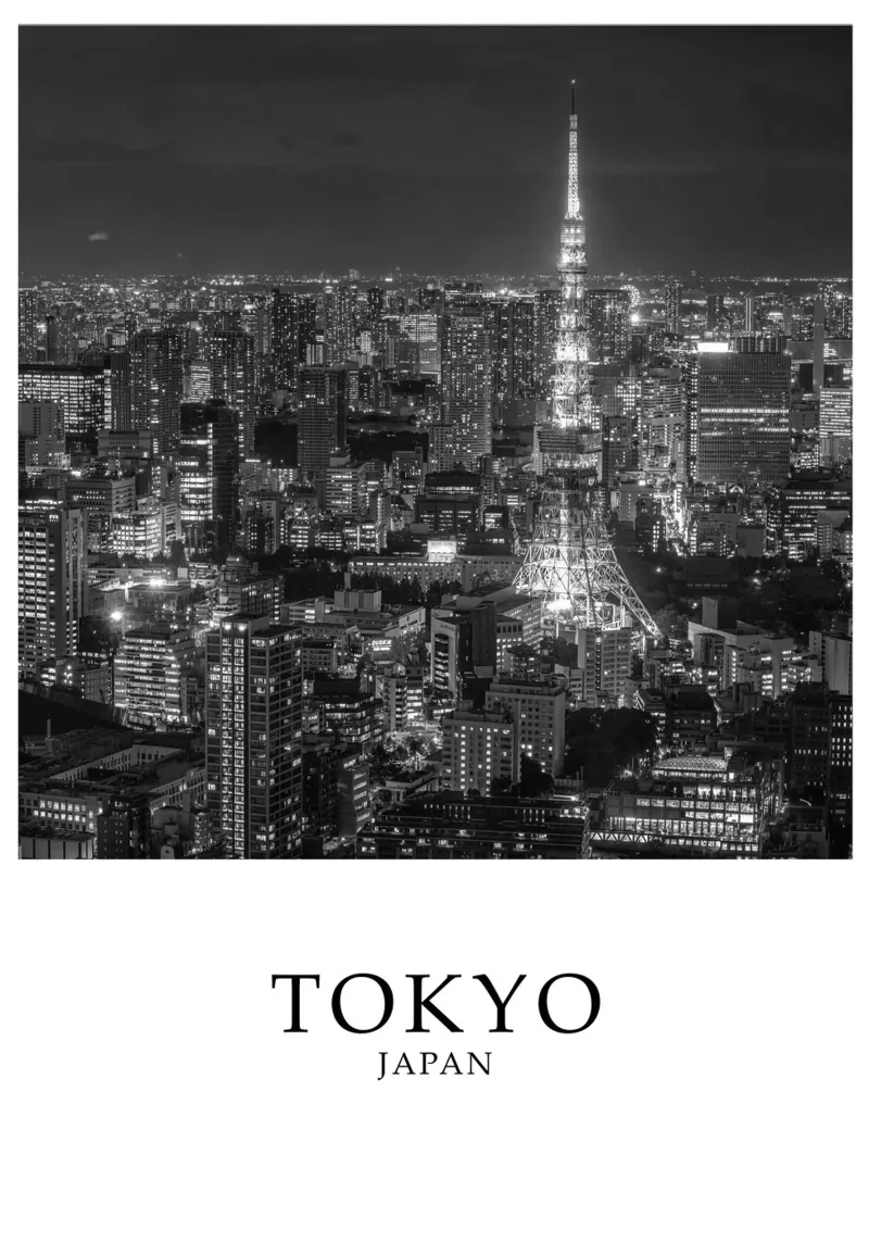 Tokyo Giappone Tokyo Tower Cityscape Architettura in scala di grigi poster con telaio in plastica da Charnwood Prints