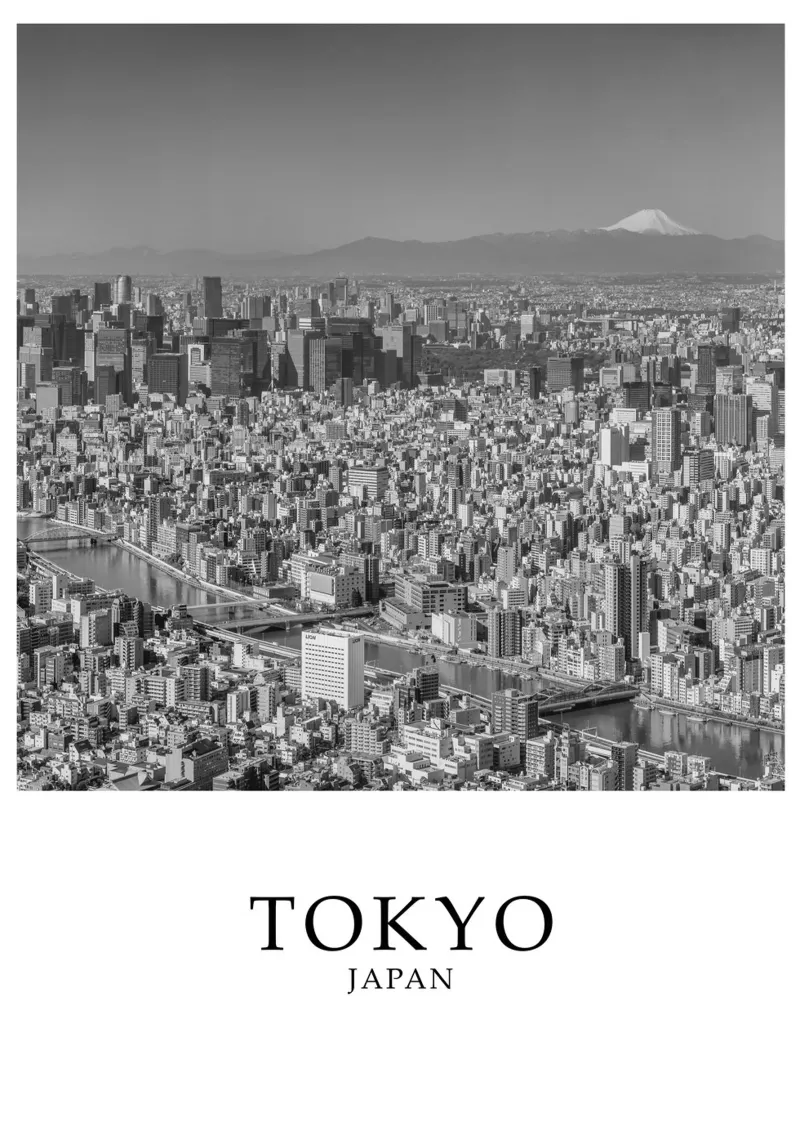 Tokyo Giappone Skyline Cityscape Monte Fuji Scena in scala di grigi poster con telaio in alluminio da Charnwood Prints