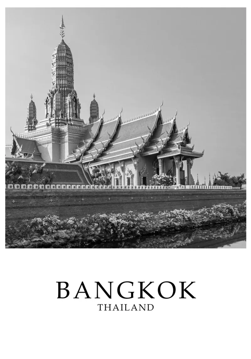 Bangkok Thailand Temple Scene Architecture Greyscale canvas with Floater frame by Charnwood Prints
