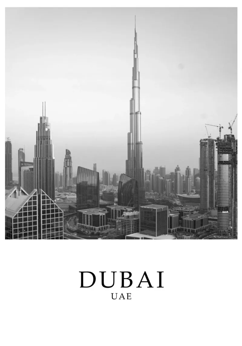 Dubai Emirati Arabi Uniti Skyline Burj Khalifa Scena in scala di grigi alluminio dibond da Charnwood Prints
