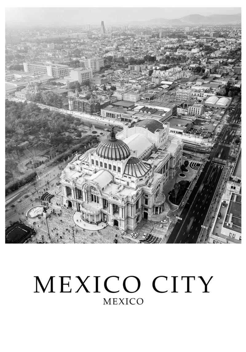 Città del Messico Architettura Skyline Cityscape Scala di grigi poster con telaio in plastica da Charnwood Prints