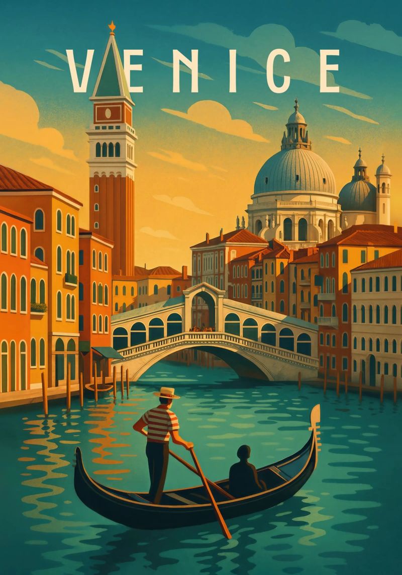 Venedig Reiseposter - Romantische Gondel und Sonnenuntergang Kanal Poster von Wanderlust