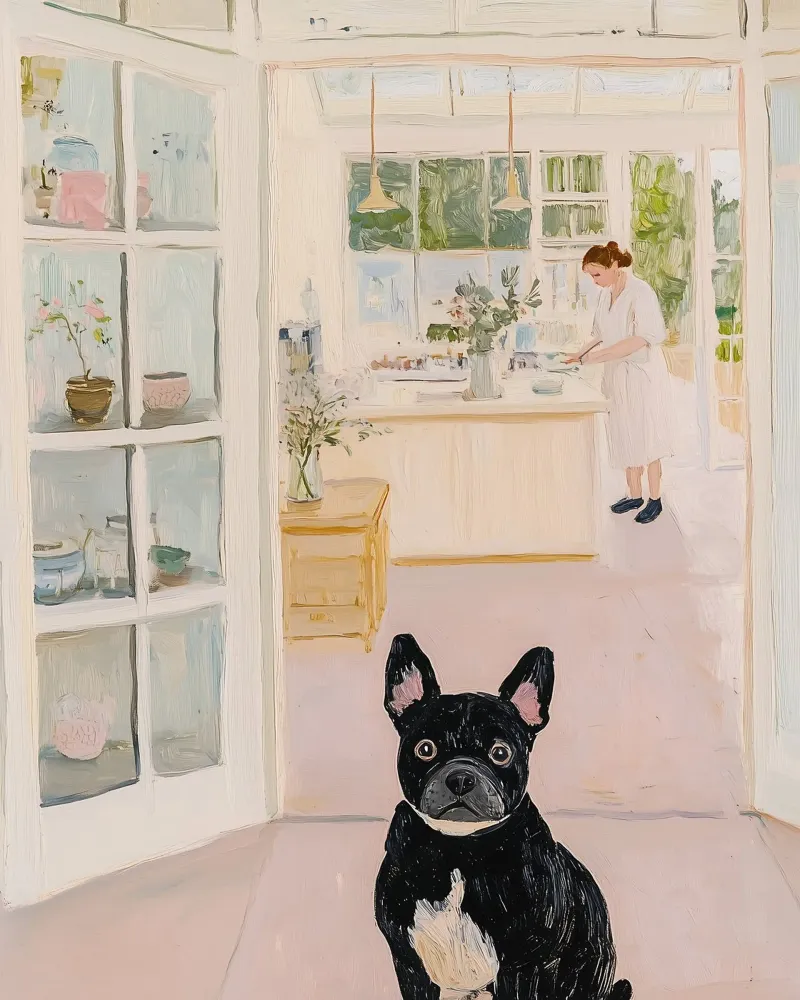 Bulldog francese in un caffè, arte animale astratta carina poster con telaio in alluminio da Little Lila