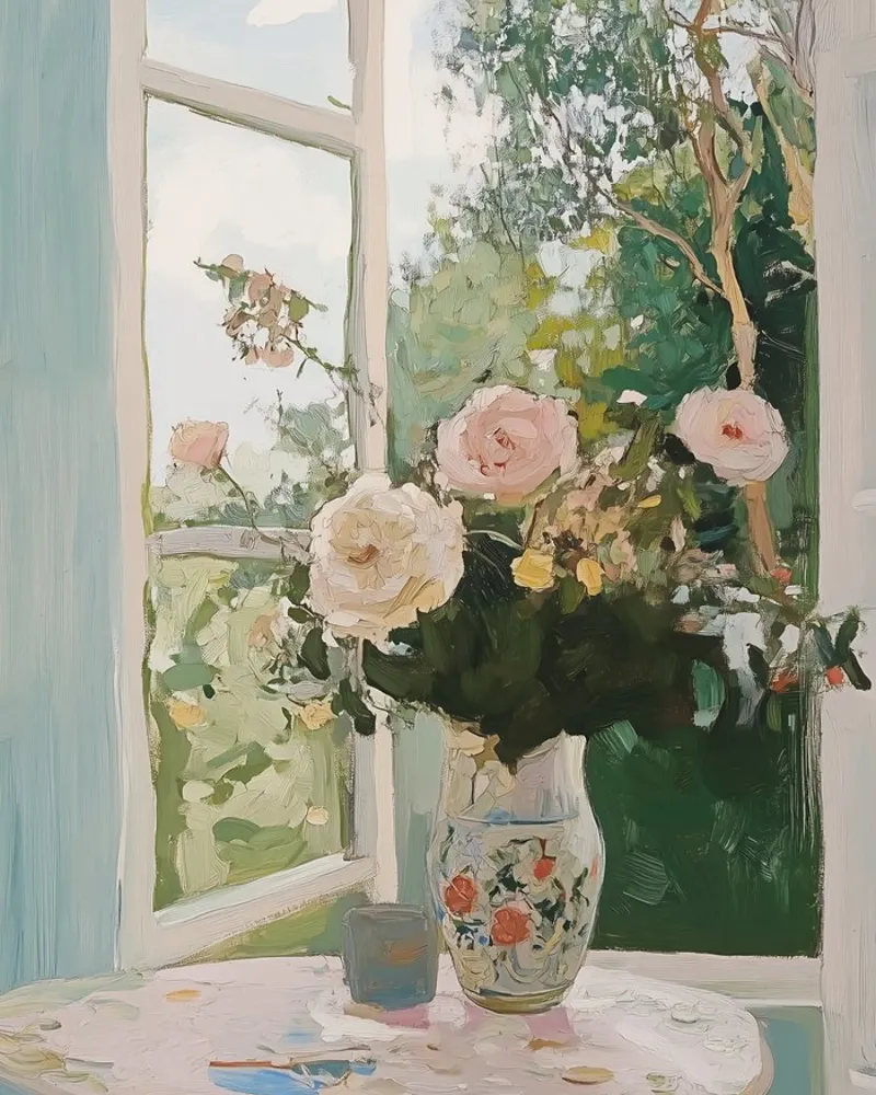 Bloemen in Vaas, Open Venster, Abstracte Botanische Kunst, Bloemig canvas van Little Lila