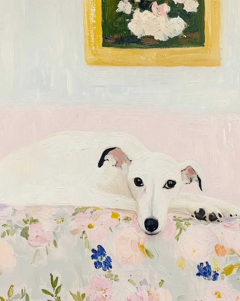Cane Whippet bianco con fiori, stampa country pellicola backlit da Little Lila