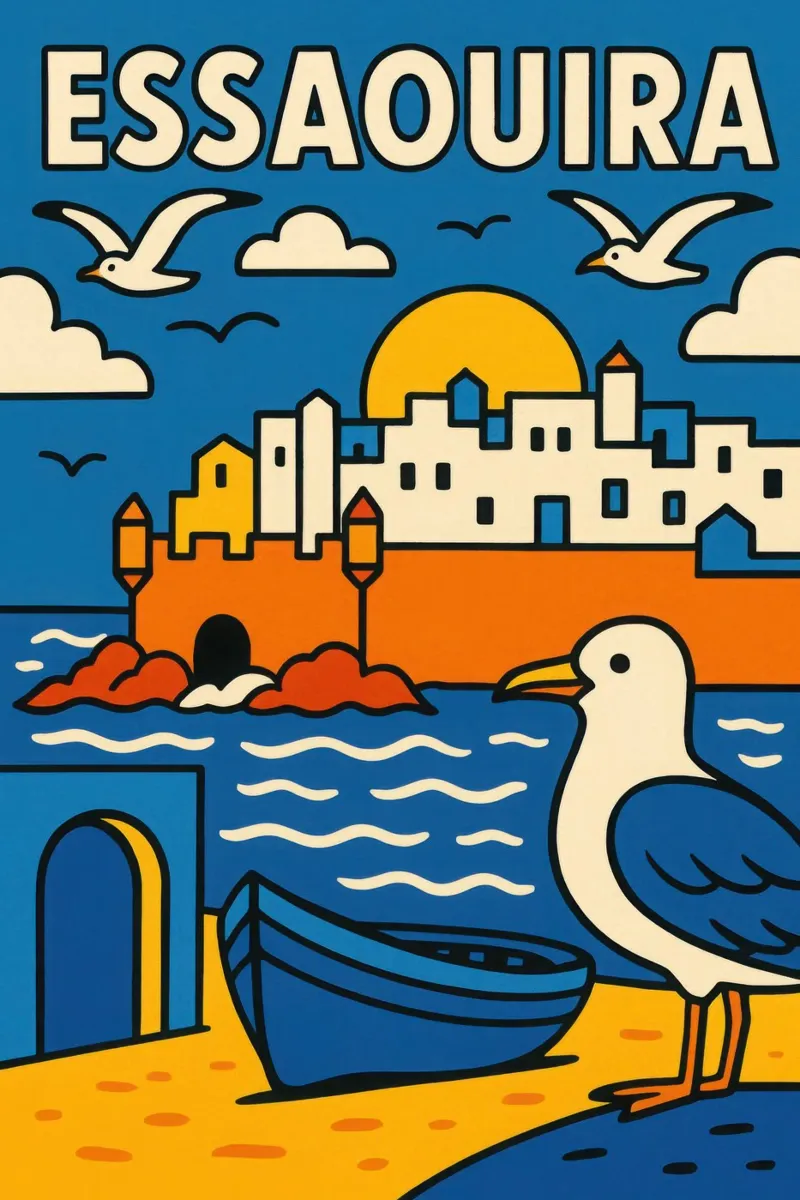 Essaouira - Sole, spruzzi di mare e pareti bianche poster con telaio in legno da JETLAG | affiches voyage