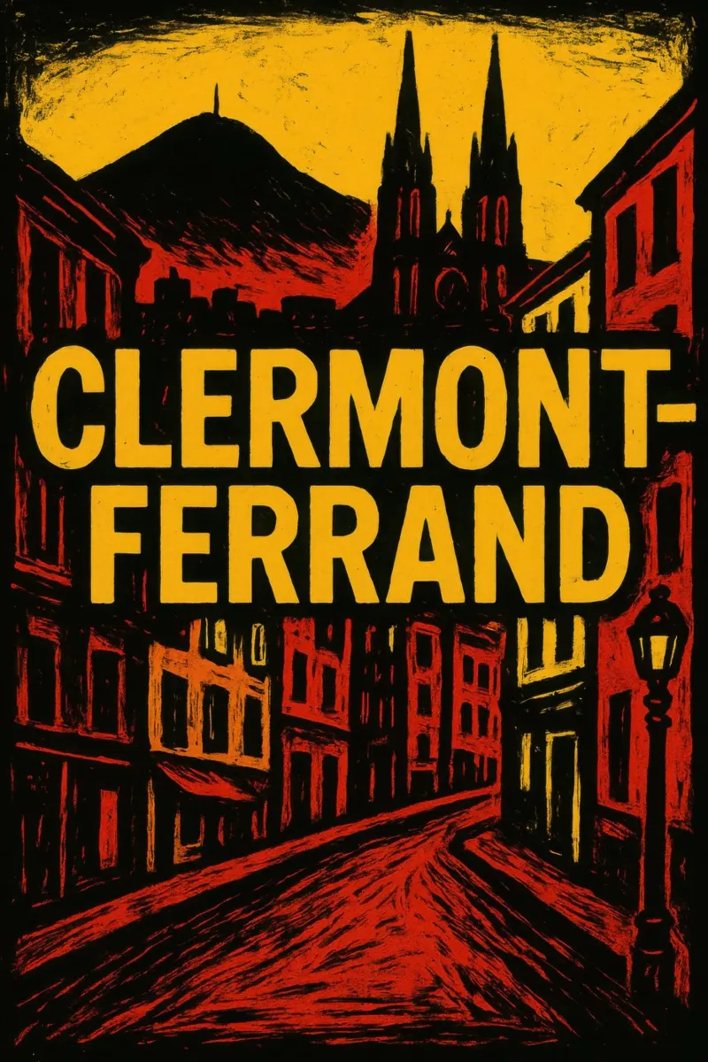 Clermont-Ferrand - L'ombra del vulcano, la luce cruda poster con telaio in alluminio da JETLAG | affiches voyage