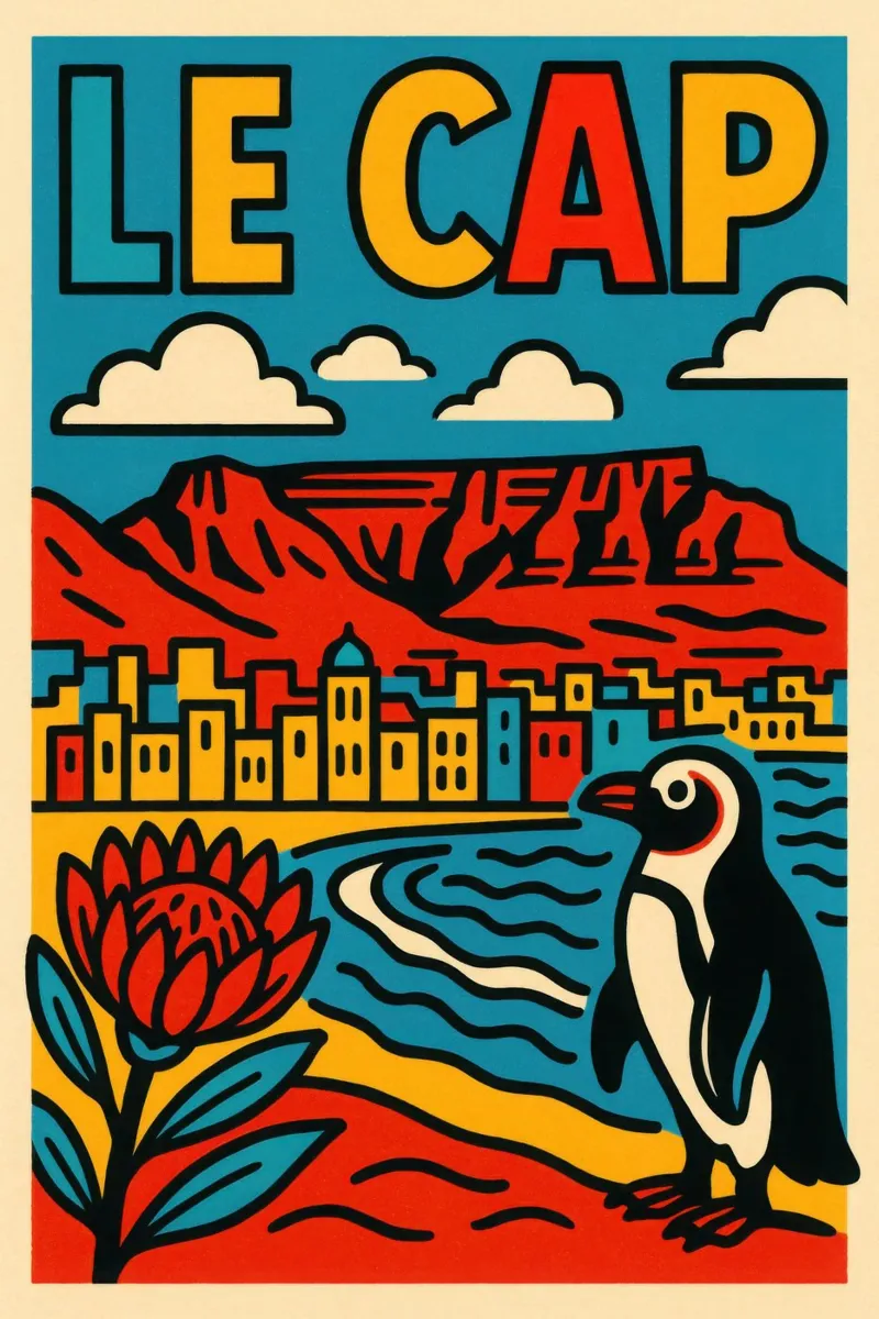 Città del Capo - Tra terra rossa e oceano blu poster con telaio in legno da JETLAG | affiches voyage