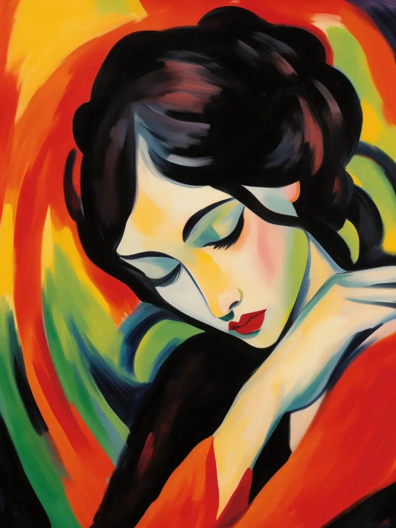 Ritratto moderno di una donna | Pittura fauvista colorata poster con telaio in plastica da Autofocus