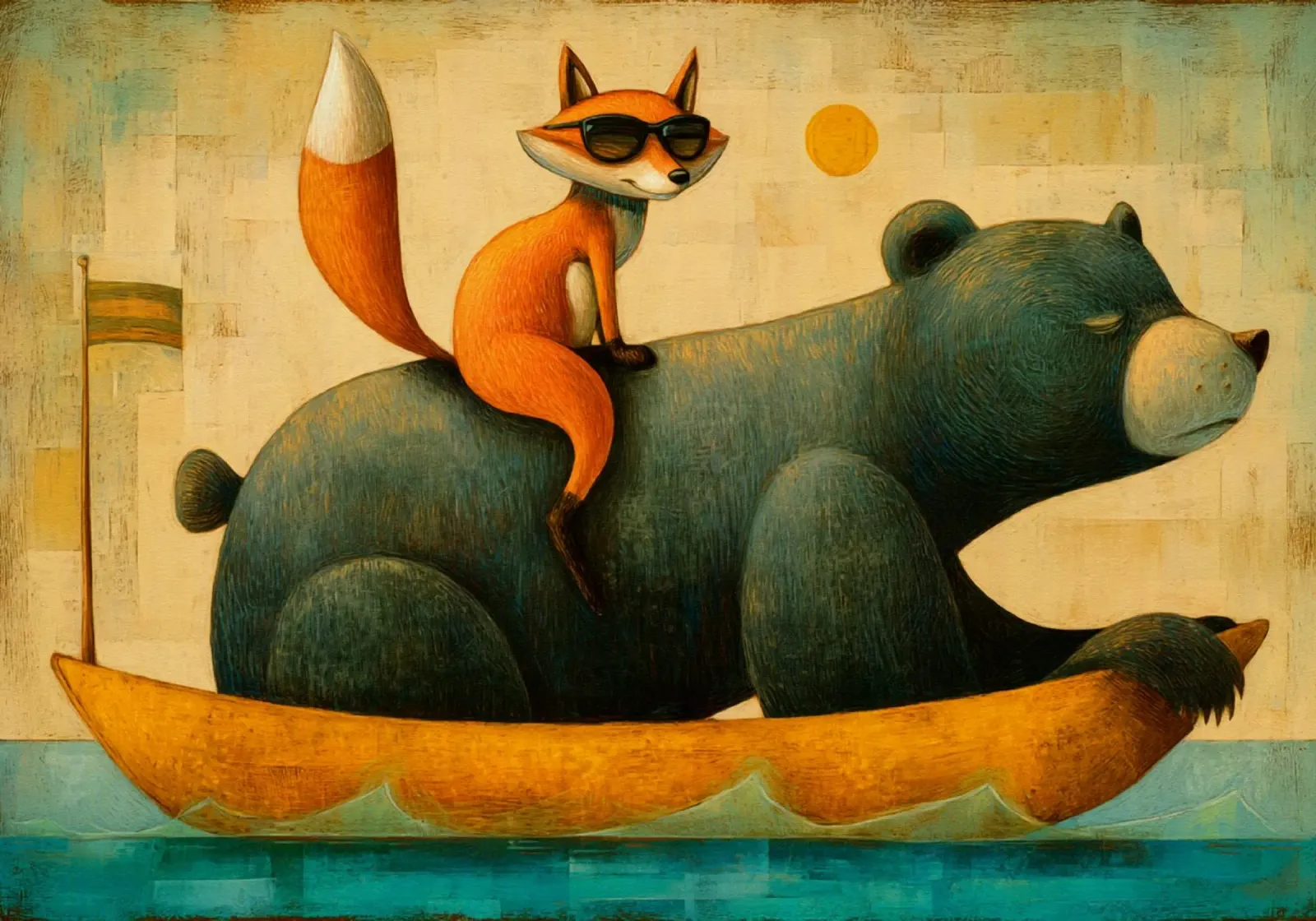 Whimsical Fox and Bear Journey in a Surreal Sunny World hahnemühle by Modern Muse
