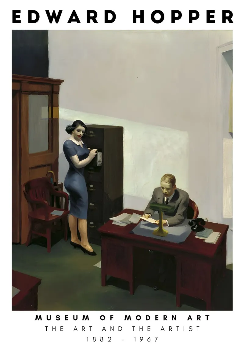 Edward Hopper Ufficio di notte - Arte del realismo americano poster con telaio in legno da NorwesClub