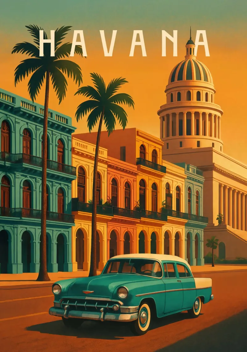 Poster di viaggio dell'Avana - Auto d'epoca e strade al tramonto poster con telaio in alluminio da Wanderlust