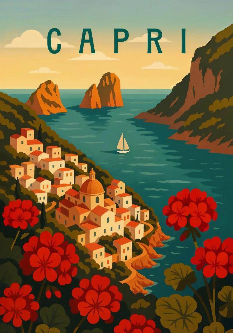 Affiche de voyage Capri - Vue de l'île colorée de la côte amalfitaine hahnemühle de Wanderlust