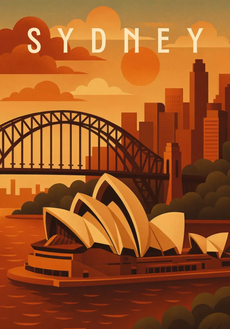 Sydney Travel Poster – Opera House and Harbour Skyline hahnemühle by Wanderlust