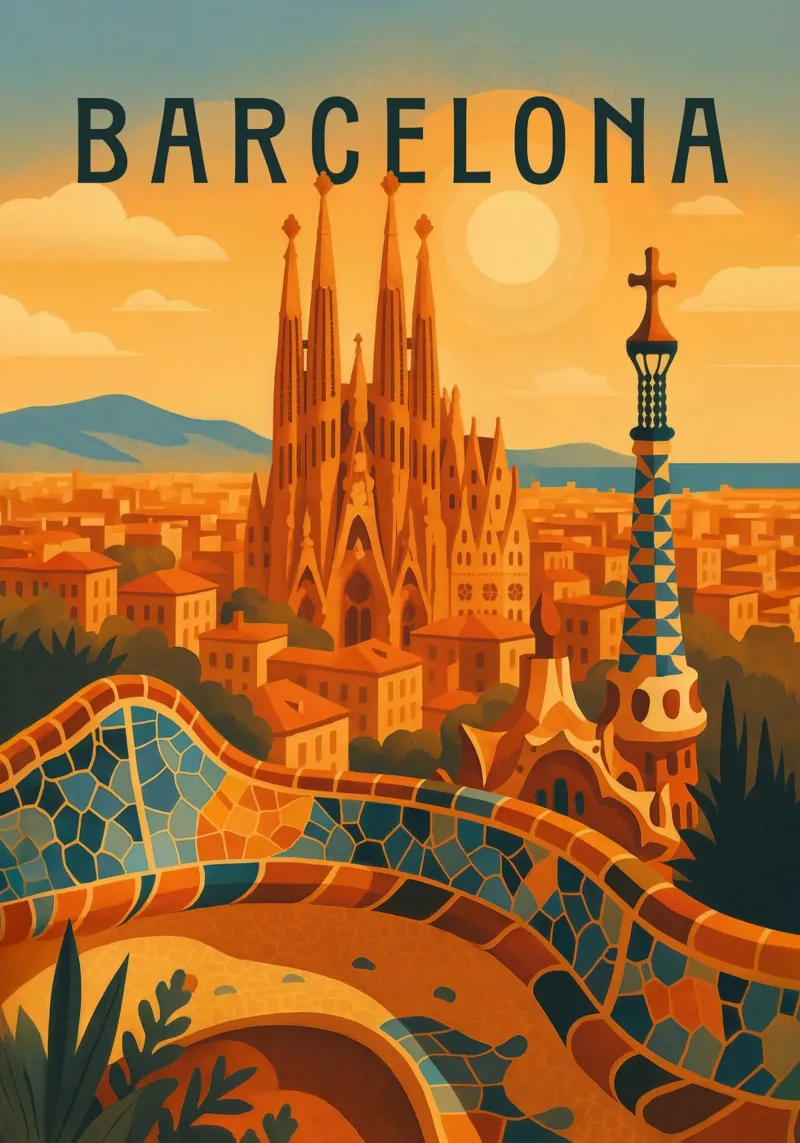 Poster di viaggio di Barcellona - Gaudí e il mosaico colorato della città poster con telaio in plastica da Wanderlust