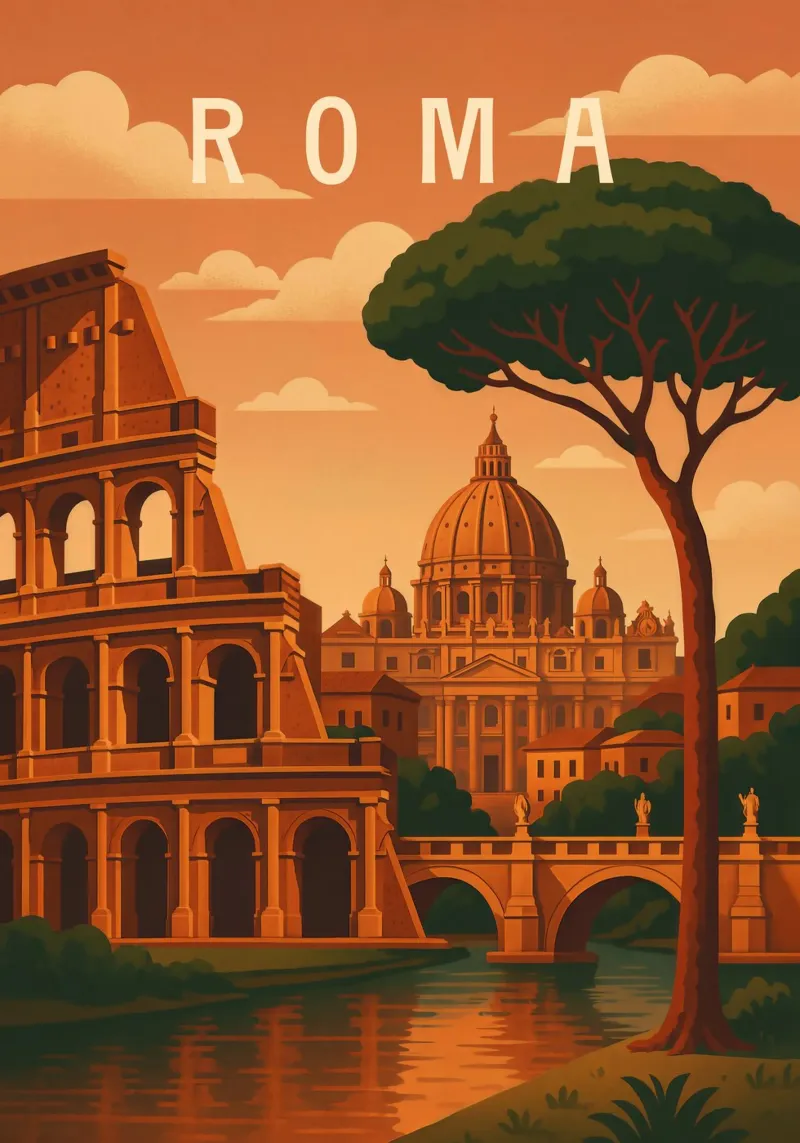 Poster di viaggio su Roma - Colosseo e Vaticano al tramonto poster con telaio in plastica da Wanderlust