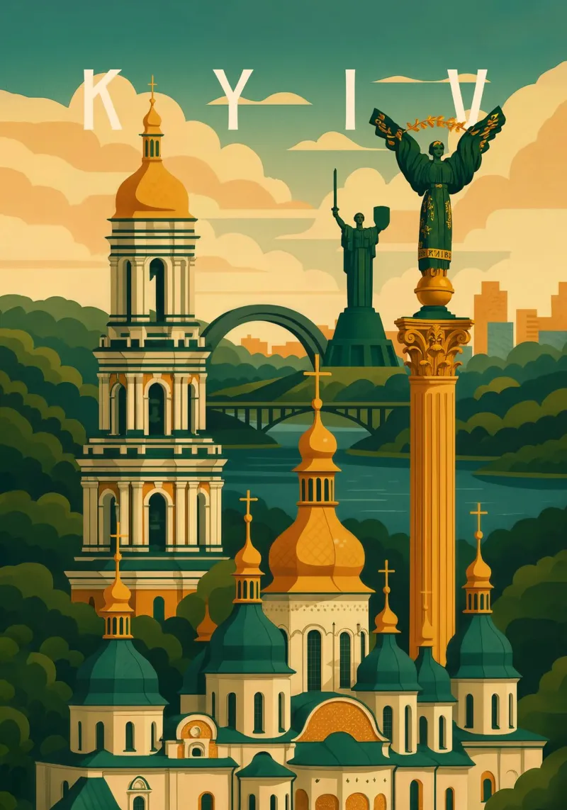 Kiev Reisposter Oekraïne - Gouden Koepels & Dnipro Skyline canvas met Baklijst van Wanderlust