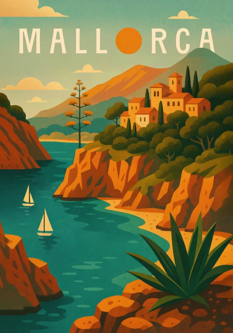 Mallorca Reiseposter Spanien - Mittelmeer Klippen & Meer Br Poster von Wanderlust
