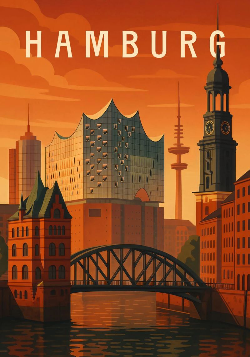 Hamburg Reiseposter Deutschland - Hafen, Sonnenuntergang & Stadt-Icons Poster von Wanderlust