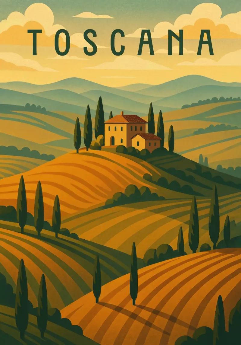 Poster di viaggio sulla Toscana - Colline ondulate e strade di cipressi alluminio dibond da Wanderlust