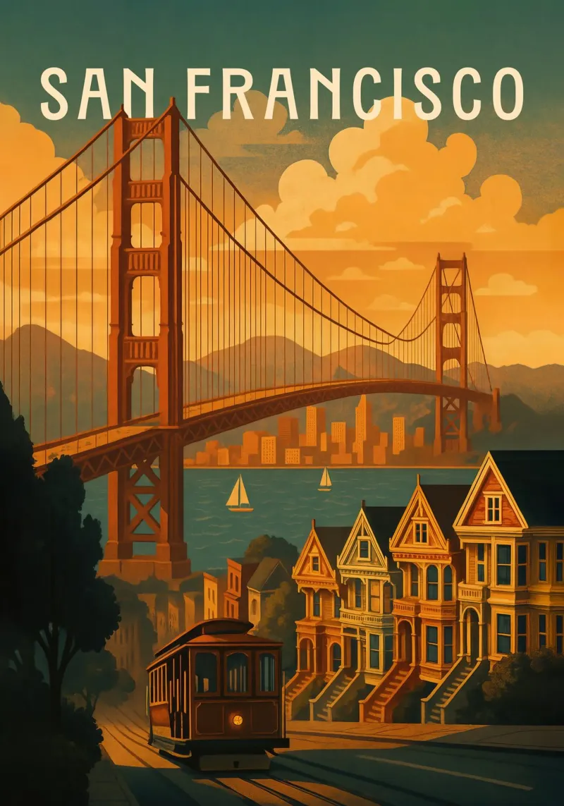 San Francisco Reisposter - Golden Gate & Stadskust canvas met Baklijst van Wanderlust
