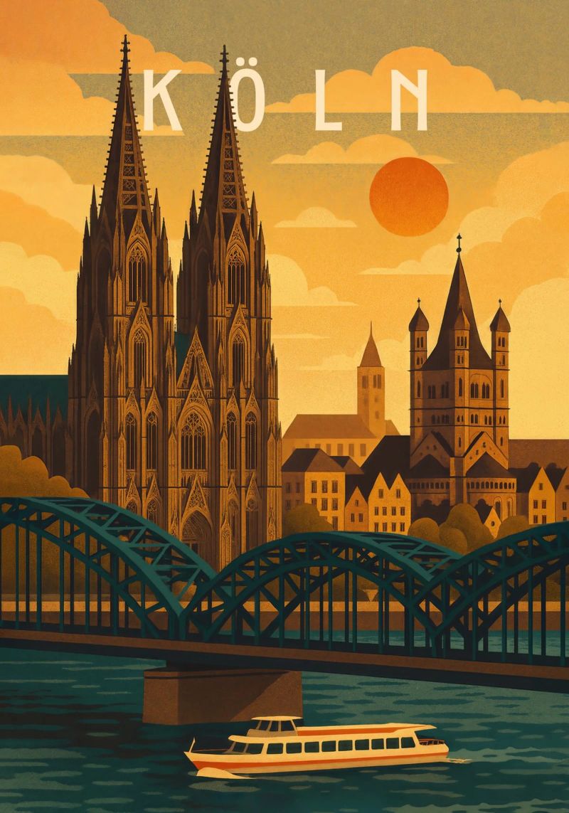 Affiche de voyage Cologne Allemagne - Cathédrale et vue sur le fleuve Rhein poster de Wanderlust