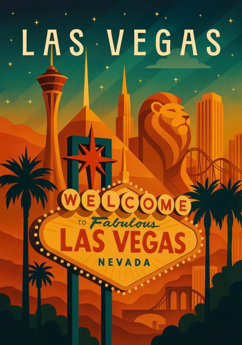 Las Vegas Travel Poster – Nightlife & Iconic Strip Lights poster by Wanderlust
