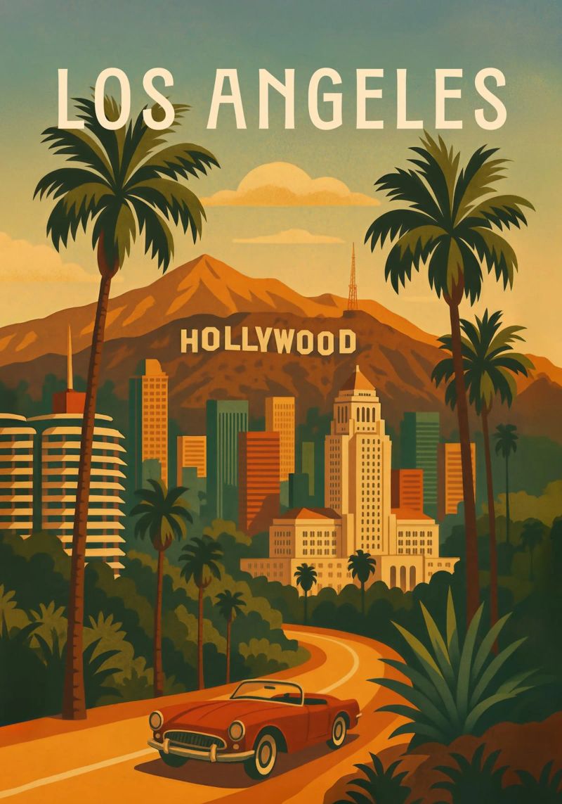 Affiche de voyage de Los Angeles - Hollywood Hills & Sunset Skies poster de Wanderlust
