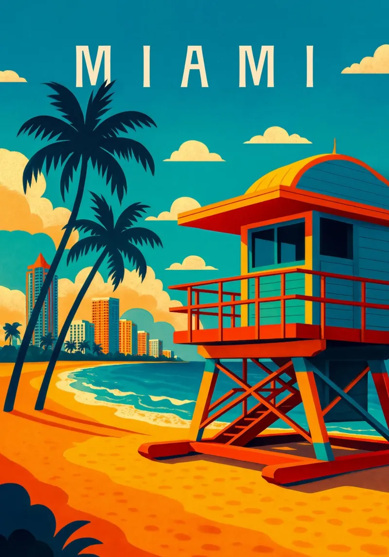 Poster di viaggio di Miami - Spiaggia, palme e brezza oceanica poster con telaio in alluminio da Wanderlust