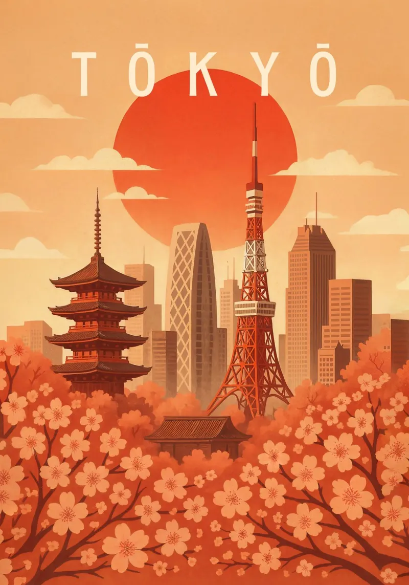 Tokyo Travel Poster Japan – Cherry Blossoms & Neon Skyline forex plate by Wanderlust