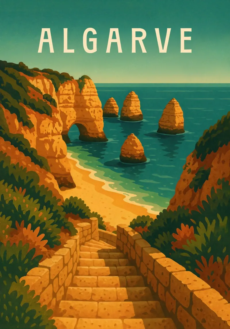 Affiche de voyage de l'Algarve Portugal - Falaises et plage de l'Atlantique Tra poster de Wanderlust