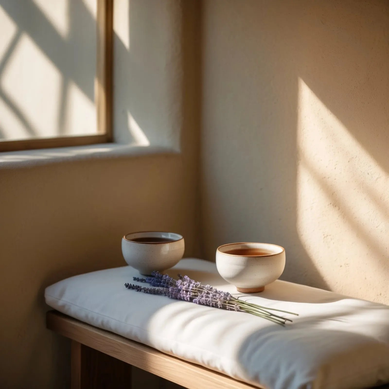 Angolo relax con tè e lavanda in una stanza illuminata dal sole tela con Cornice a cassetta da DesignDoodle
