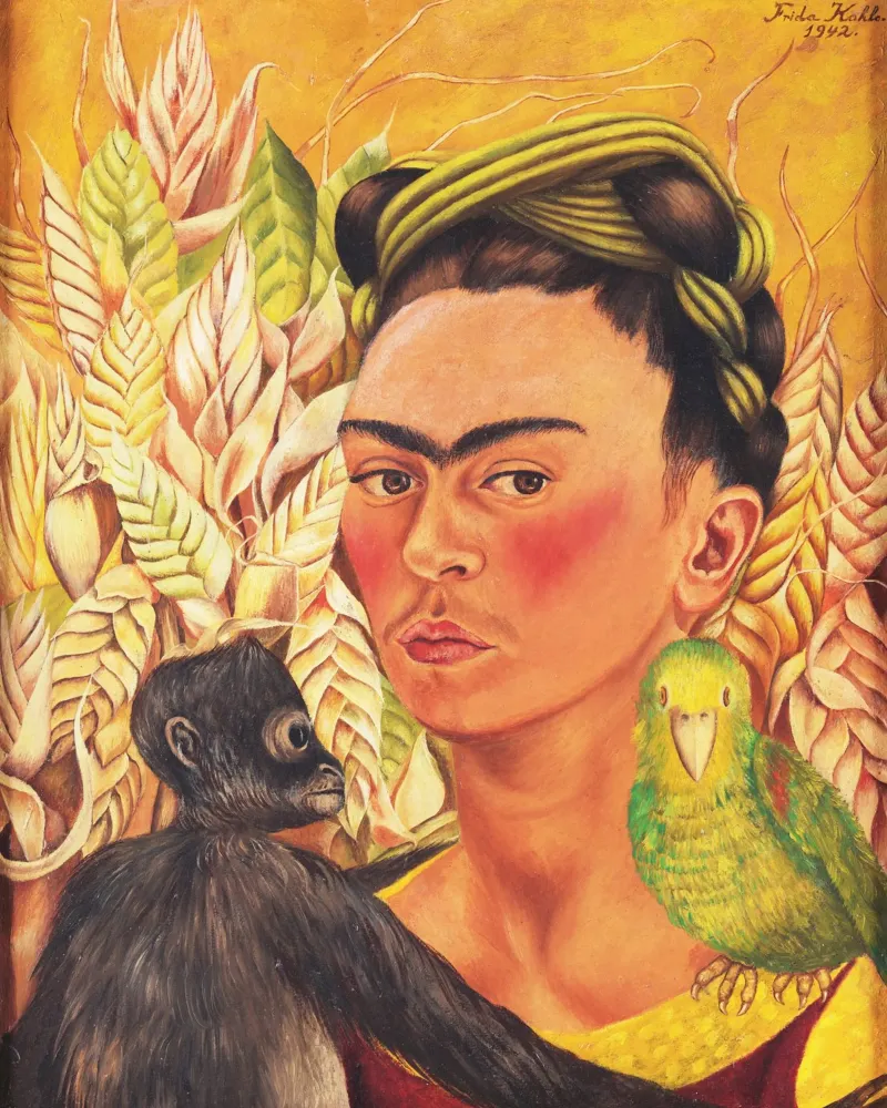 Autoritratto di Frida Kahlo con scimmia e pappagallo pellicola backlit da Venus Art
