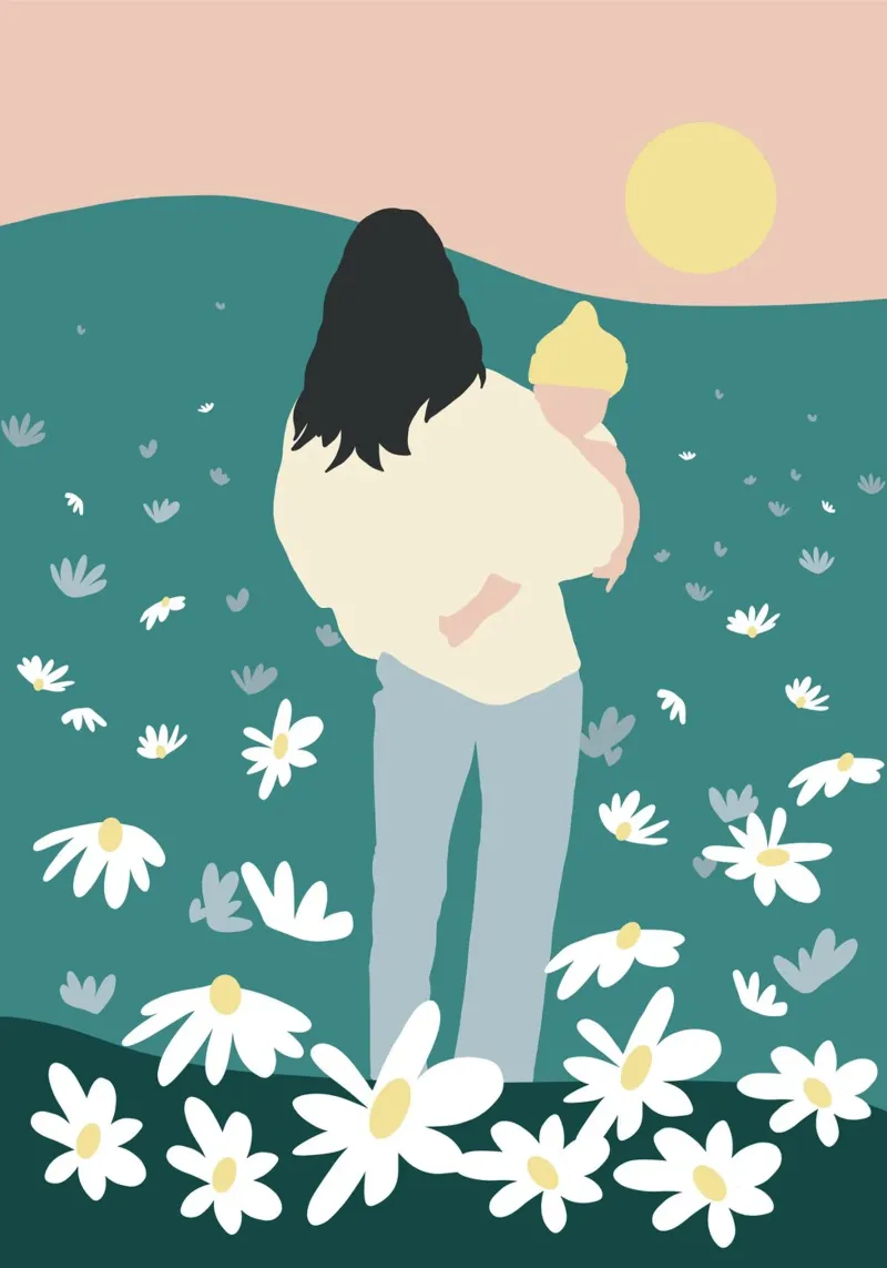 Silhouette amorevole di madre e figlio su un prato di fiori selvatici tela con Cornice a cassetta da Tine Taler
