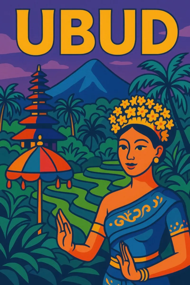 Ubud - L'anima spirituale di Bali poster con telaio in plastica da JETLAG | affiches voyage