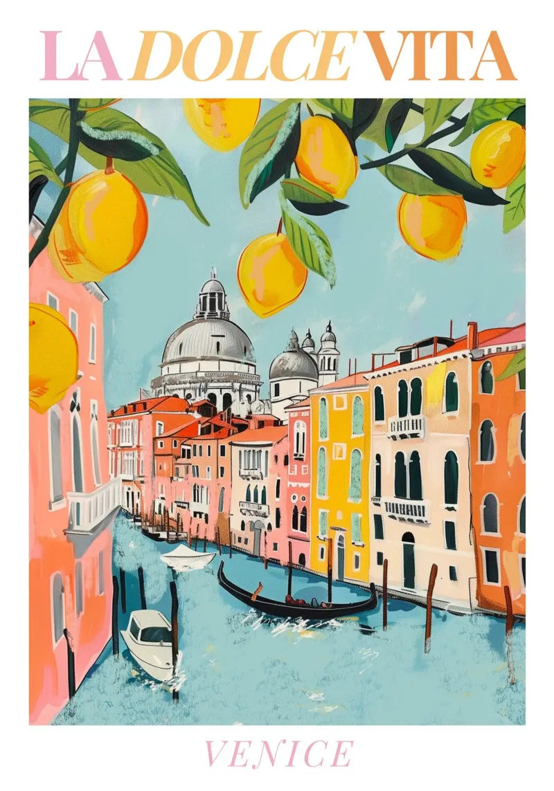 Venecia Italia, Póster de viaje, Impresión de la Italia brillante y vibrante poster con marco de madera de Bella Studio