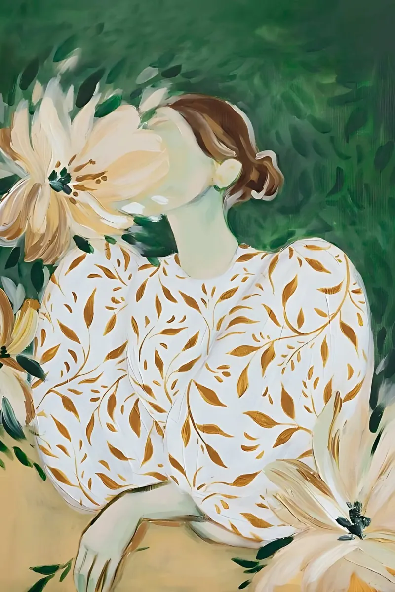 Abstracte vrouw met bloemen, moderne smaragdgroene kunst hahnemühle van Boheme