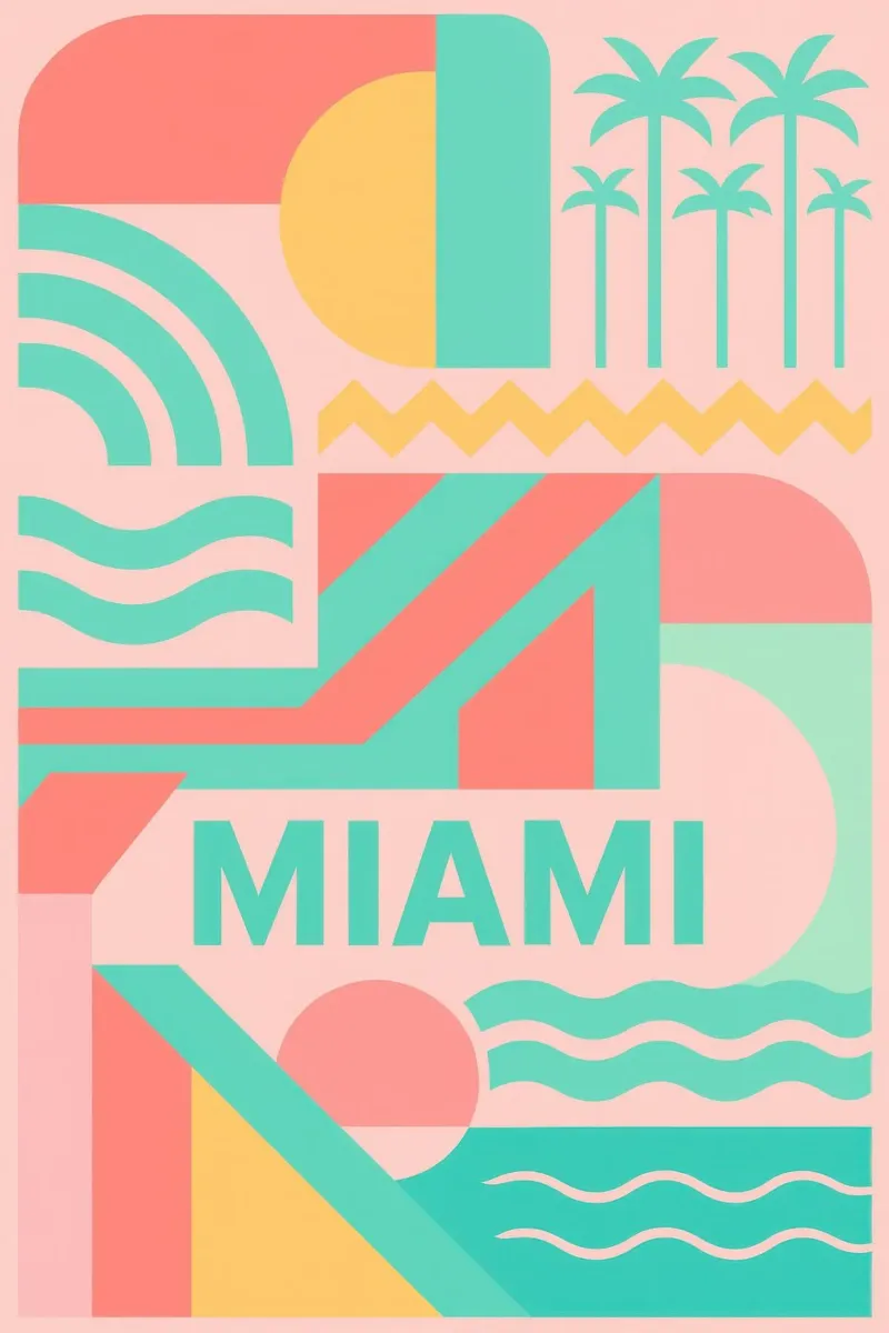 Miami - Le vibrazioni pastello di una città soleggiata poster con telaio in legno da JETLAG | affiches voyage