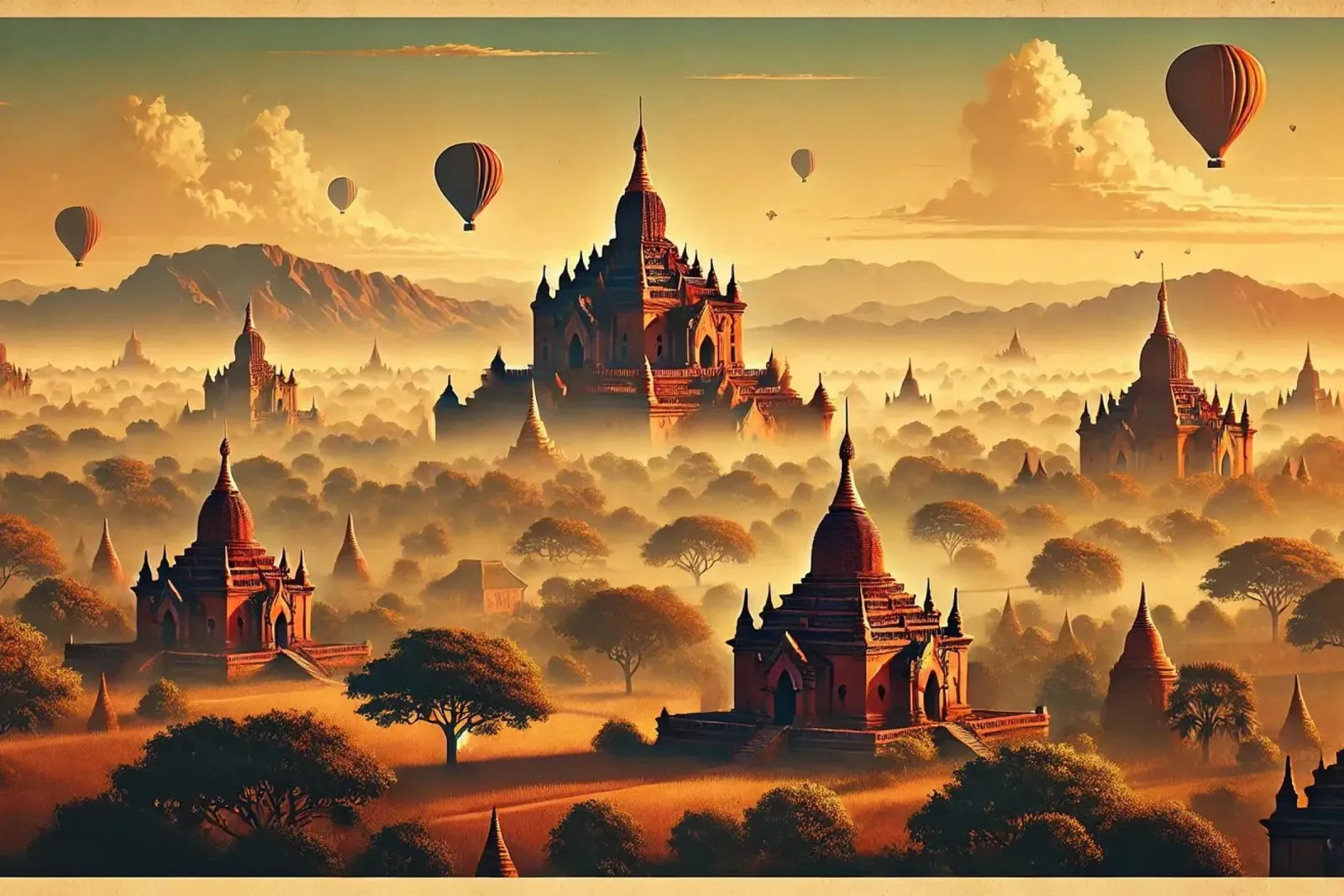 Poster d'epoca di Bagan, Myanmar poster da Chromatic Fusion Studio