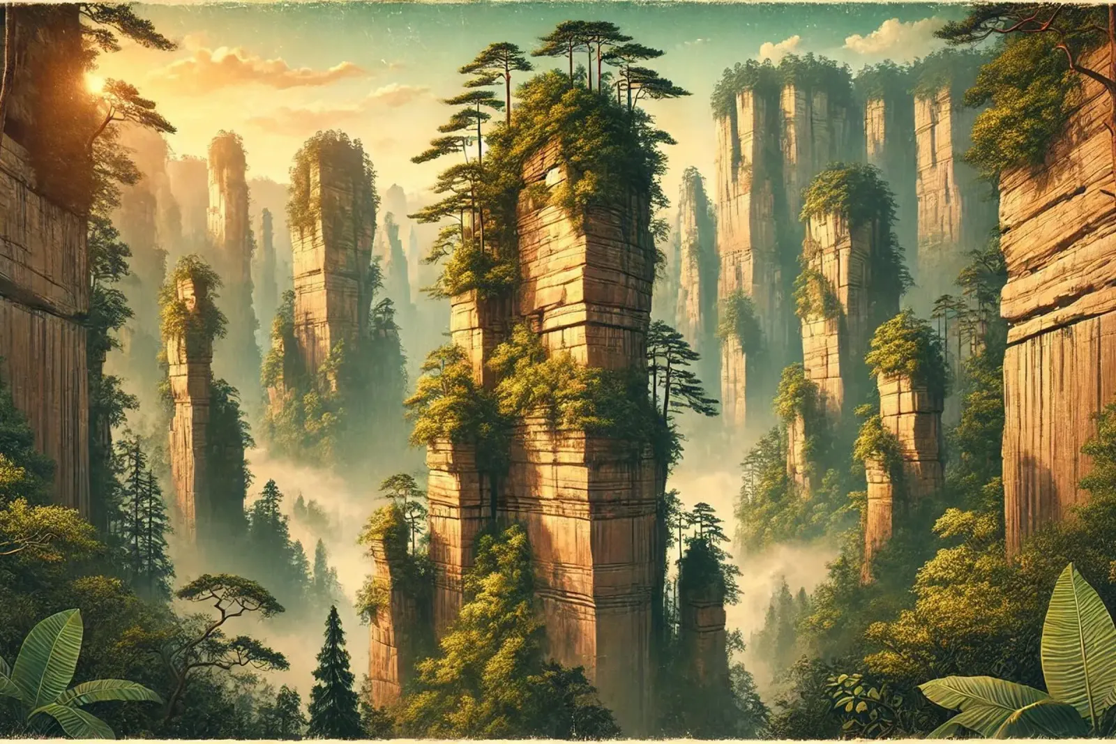Poster d'epoca Cina, pilastri di pietra di Zhangjiajie pellicola backlit da Chromatic Fusion Studio