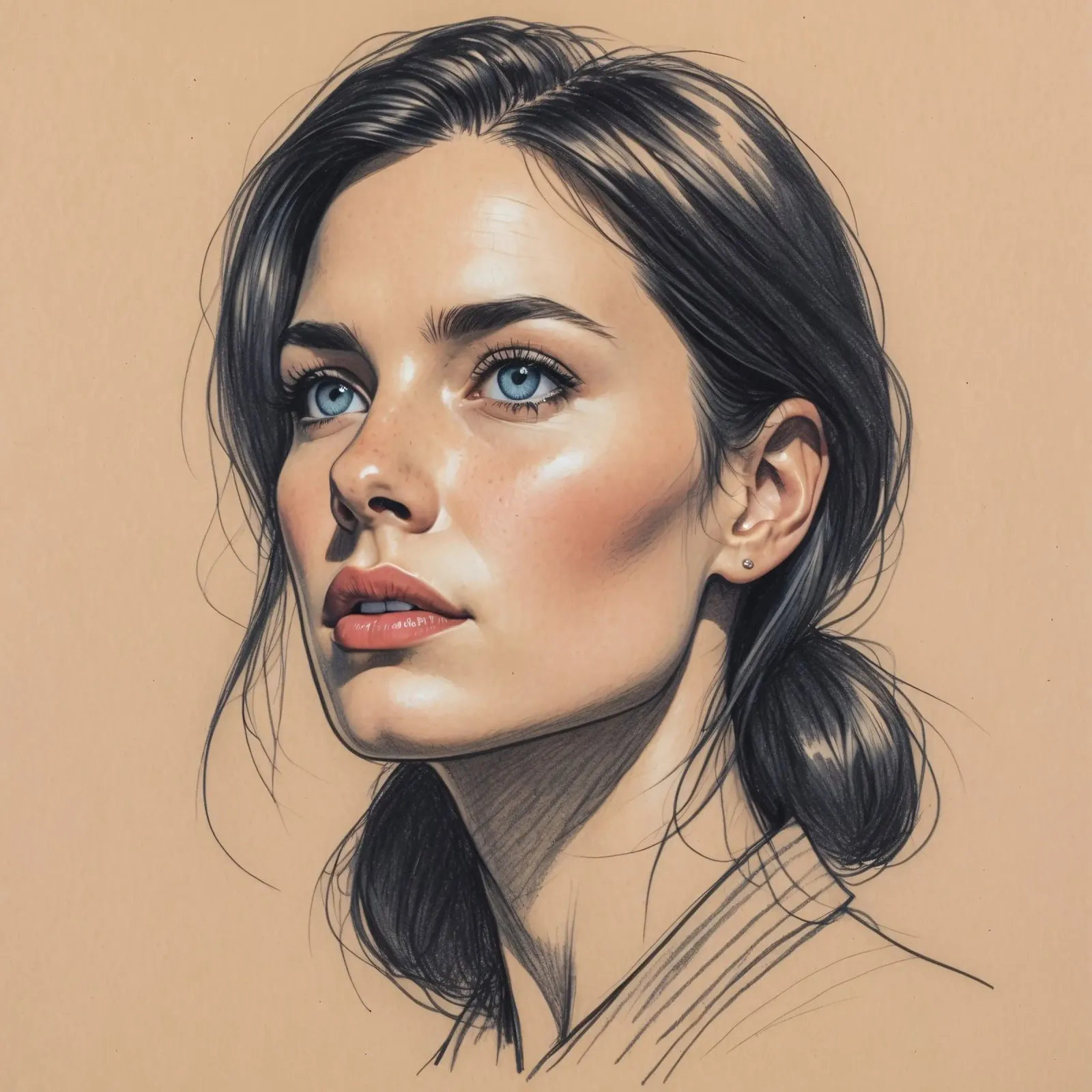 Ritratto di una donna con suggestivi occhi azzurri e capelli eleganti poster con telaio in alluminio da DesignDoodle