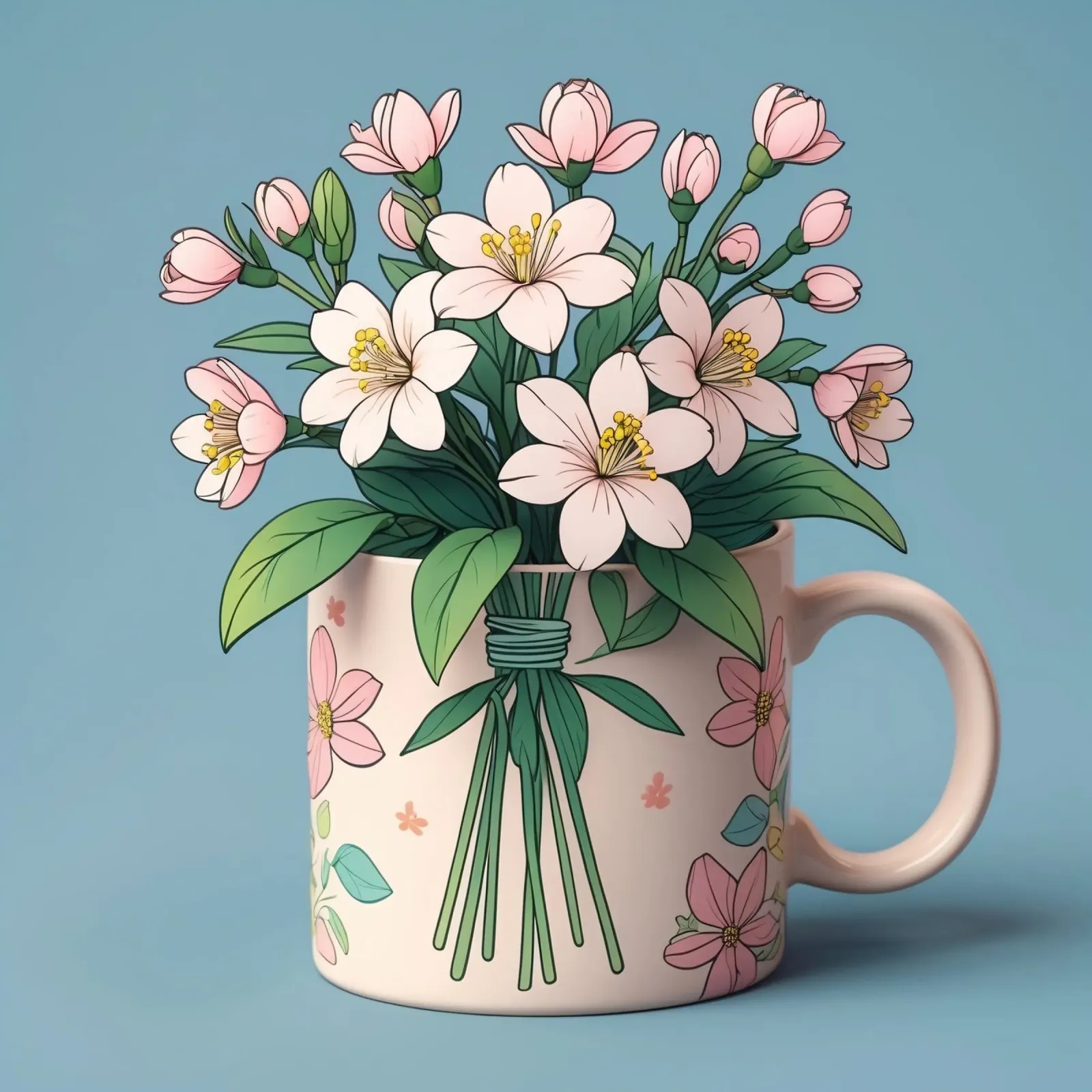 Una tazza dai colori vivaci contiene un bouquet di fiori delicati poster con telaio in legno da DesignDoodle