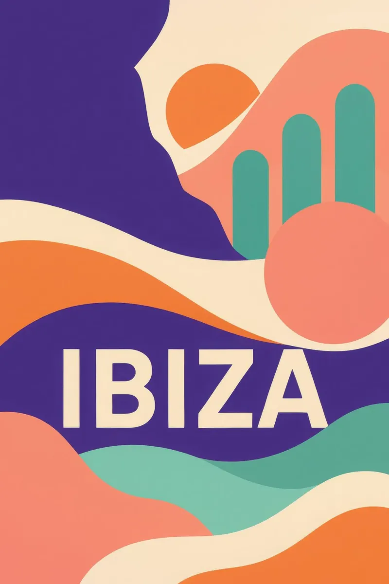Ibiza - Una fuga colorata sotto il sole delle Baleari poster con telaio in legno da JETLAG | affiches voyage