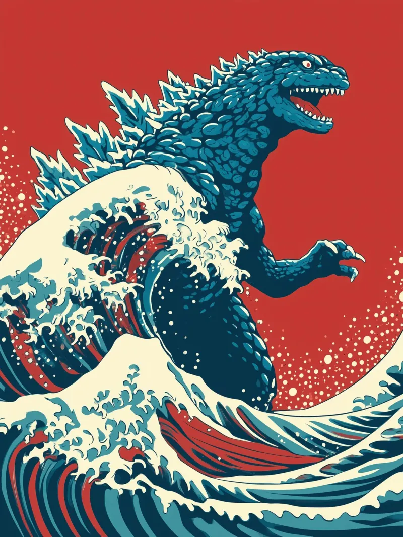 Godzilla in the Great Wave of Kanagawa | Hokusai Pop Art canvas with Floater frame by Autofocus