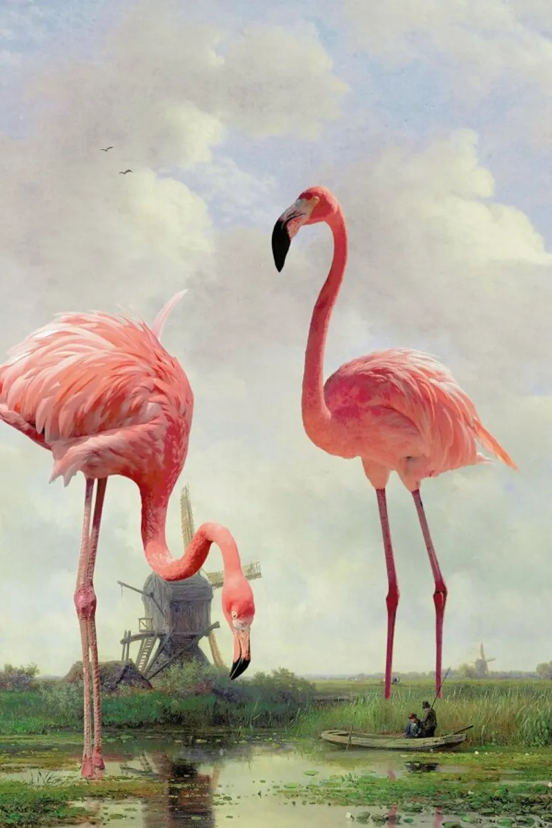 Fishing With Flamingos Poster mit Holzrahmen von Jonas Loose