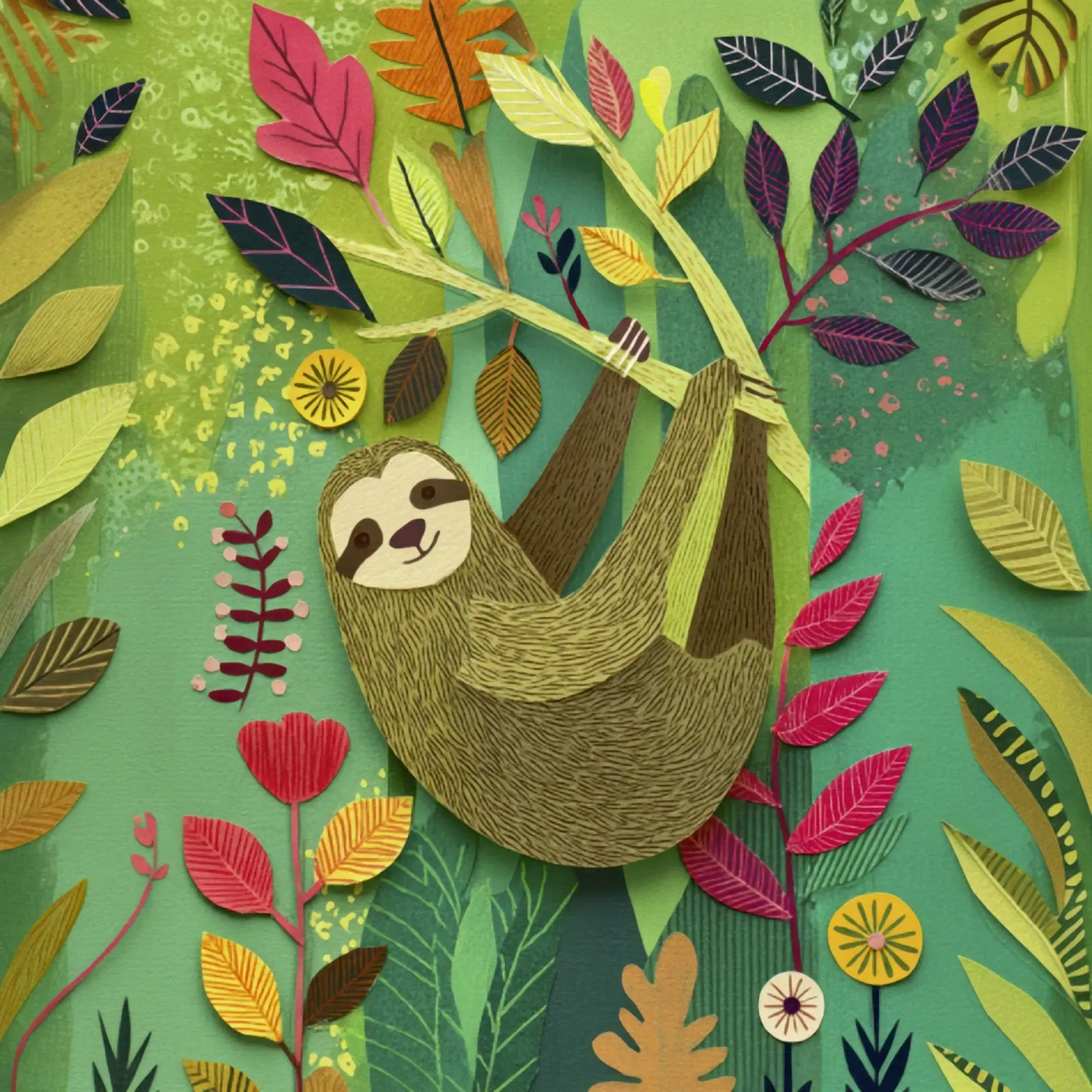 Bradipo Giungla Collage Art Vintage Tropicale Botanico Fauna Selvatica poster con telaio in alluminio da Modern Muse