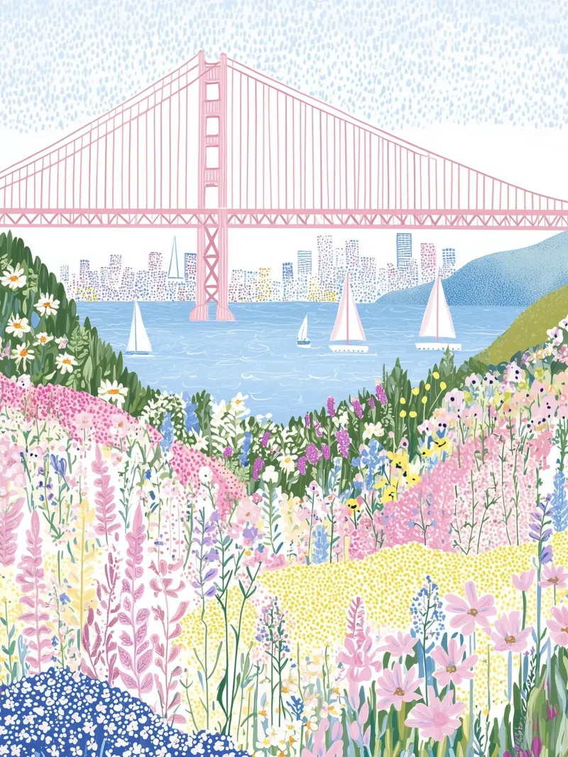 San Francisco, Golden Gate Bridge, California Floral Poster canvas with Floater frame by Gaia