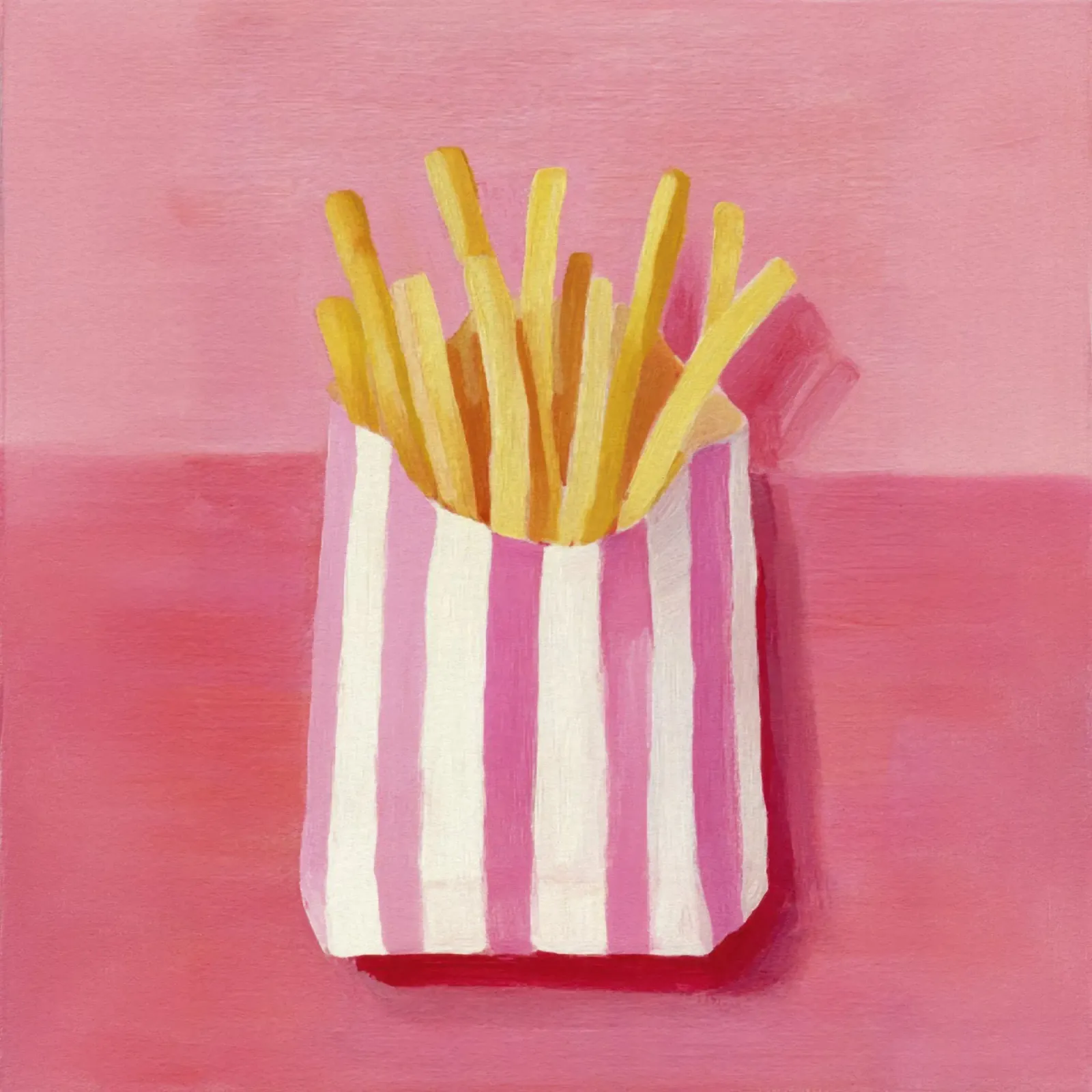Patatine fritte Borsa a righe rosa Illustrazione alimentare pop art poster con telaio in plastica da Modern Muse