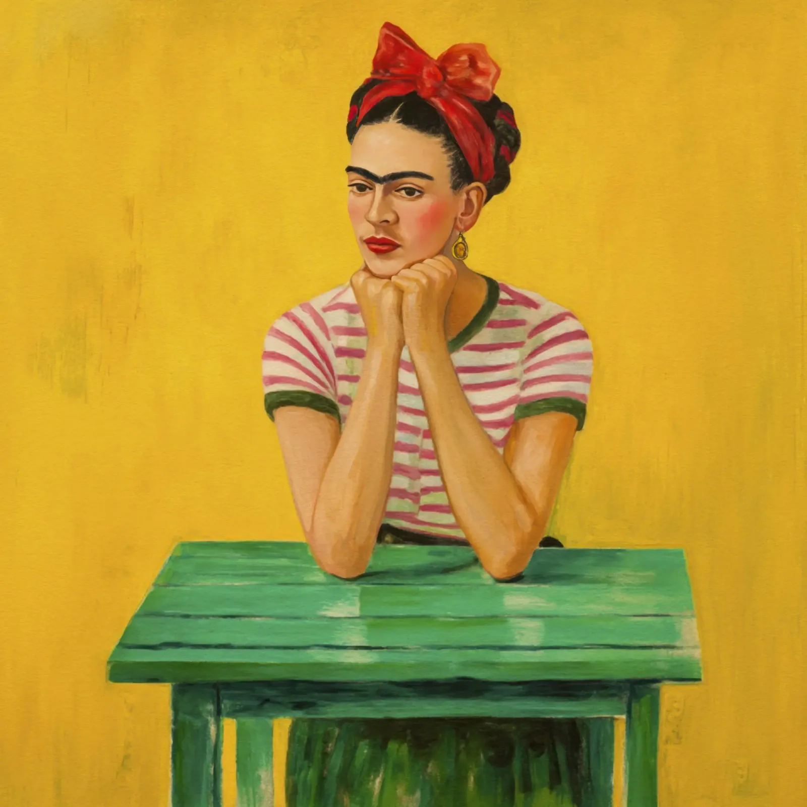 Illustrazione di ragazza boho Camicia a righe rosse Arte da tavolo verde tela con Cornice a cassetta da Modern Muse